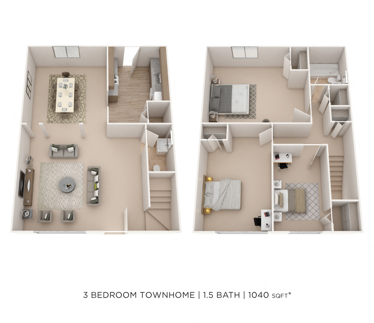 Three Bedroom 1.5 Bath Townhome - 1,040 sqft floor plan