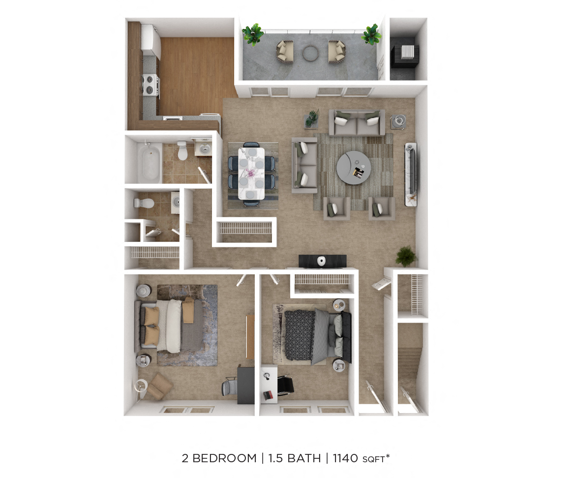 Two Bedroom 1.5 Bath - 1,140 sqft floor plan