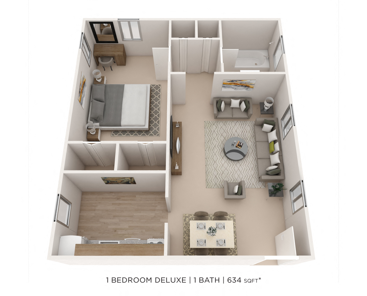 One Bedroom - 634 sqft floor plan