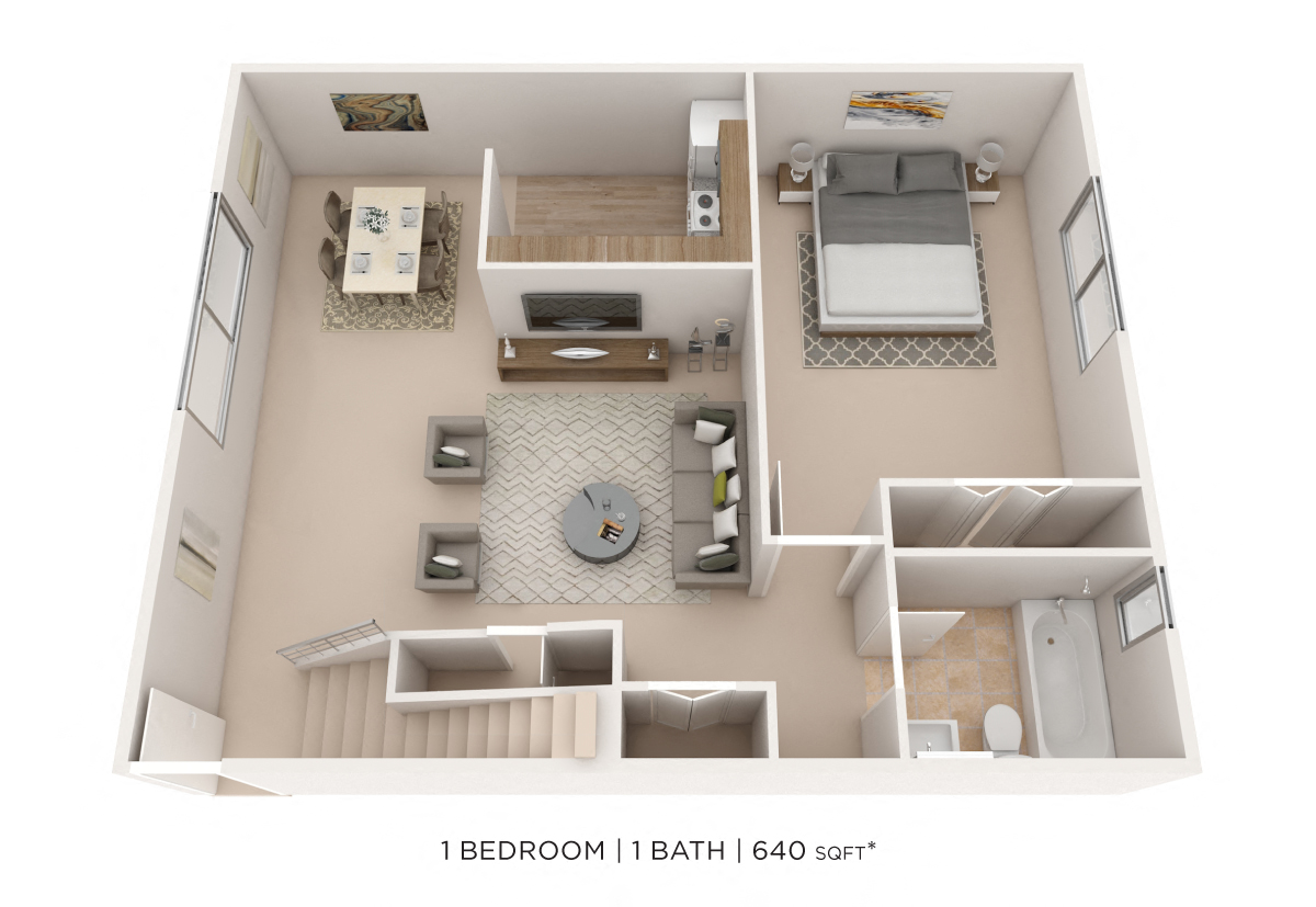 One Bedroom - 640 sqft floor plan