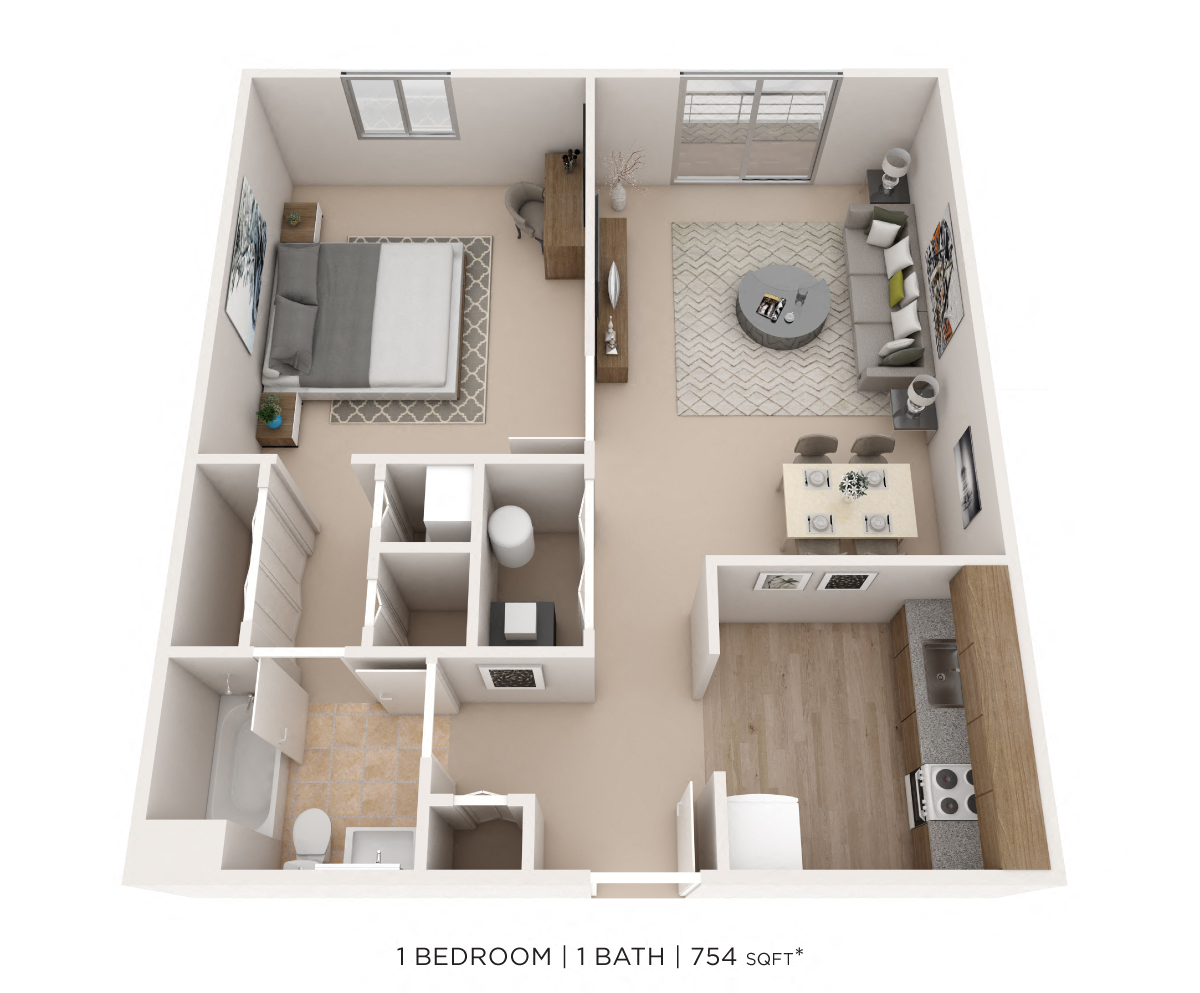 One Bedroom - 754 sqft floor plan