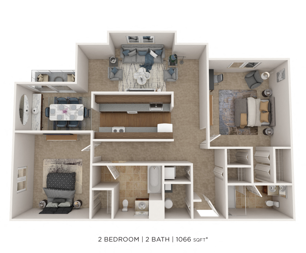 Two Bedroom 2 Bath - 1,066 sqft floor plan