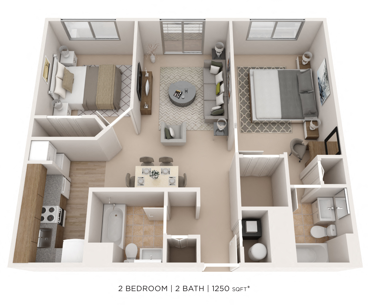 Two Bedroom 2 Bath - 1,250 sqft floor plan