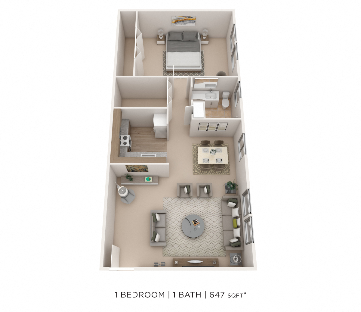 One Bedroom - 647 sqft floor plan