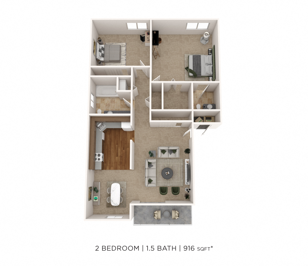 Two Bedroom 1.5 Bath-916 sqft floor plan
