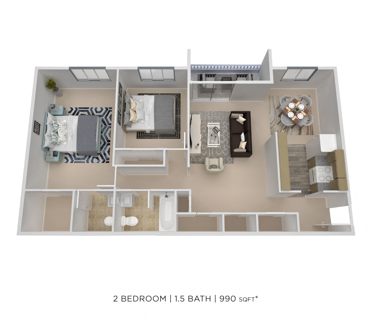 Two Bedroom 1.5 Bath-990 sqft floor plan