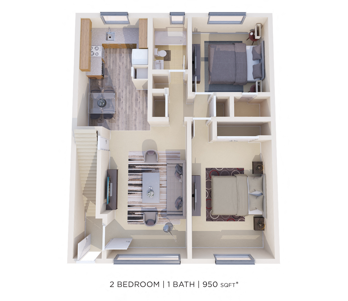 Two Bedroom- 950 sqft floor plan