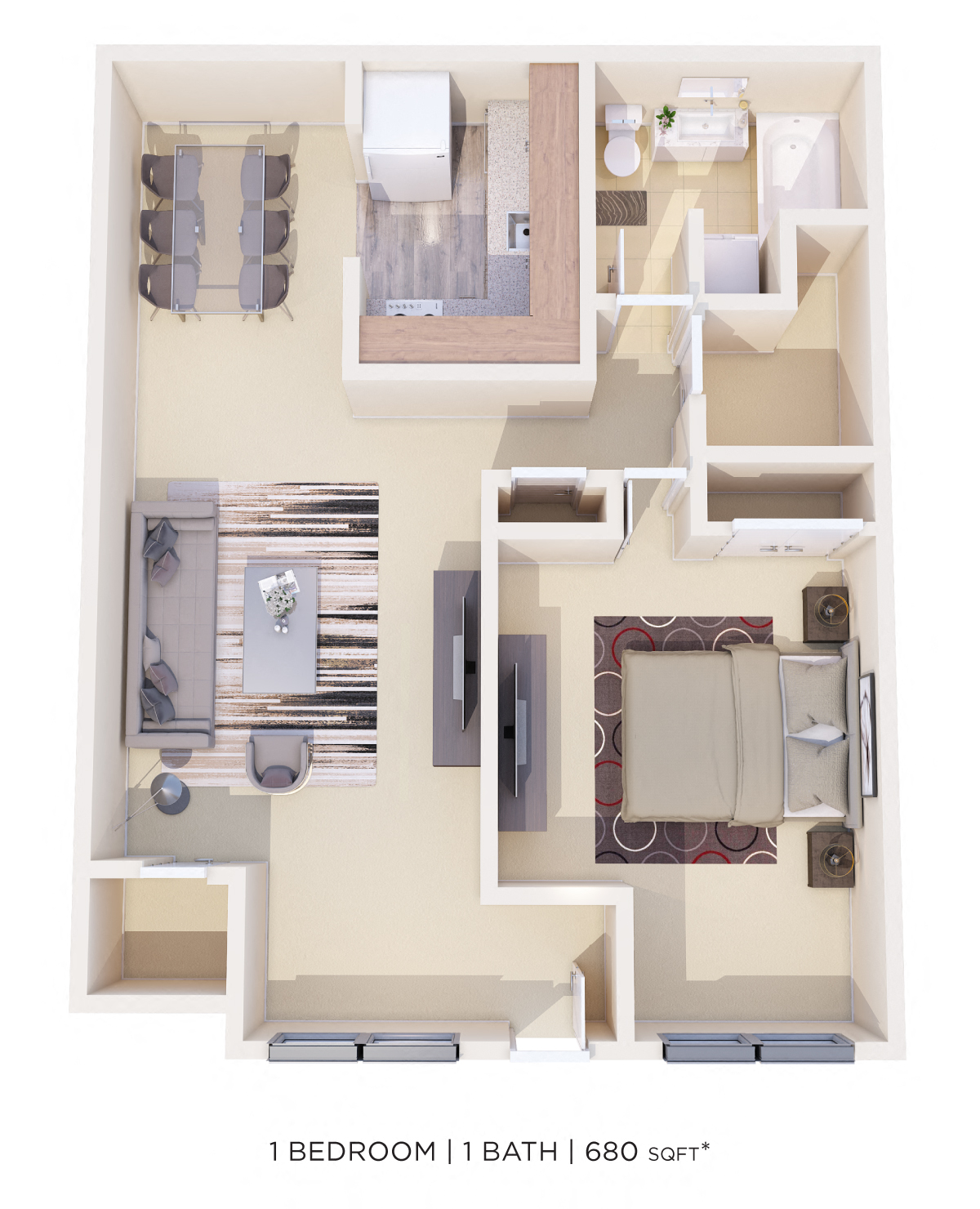 One Bedroom - 680 sqft floor plan