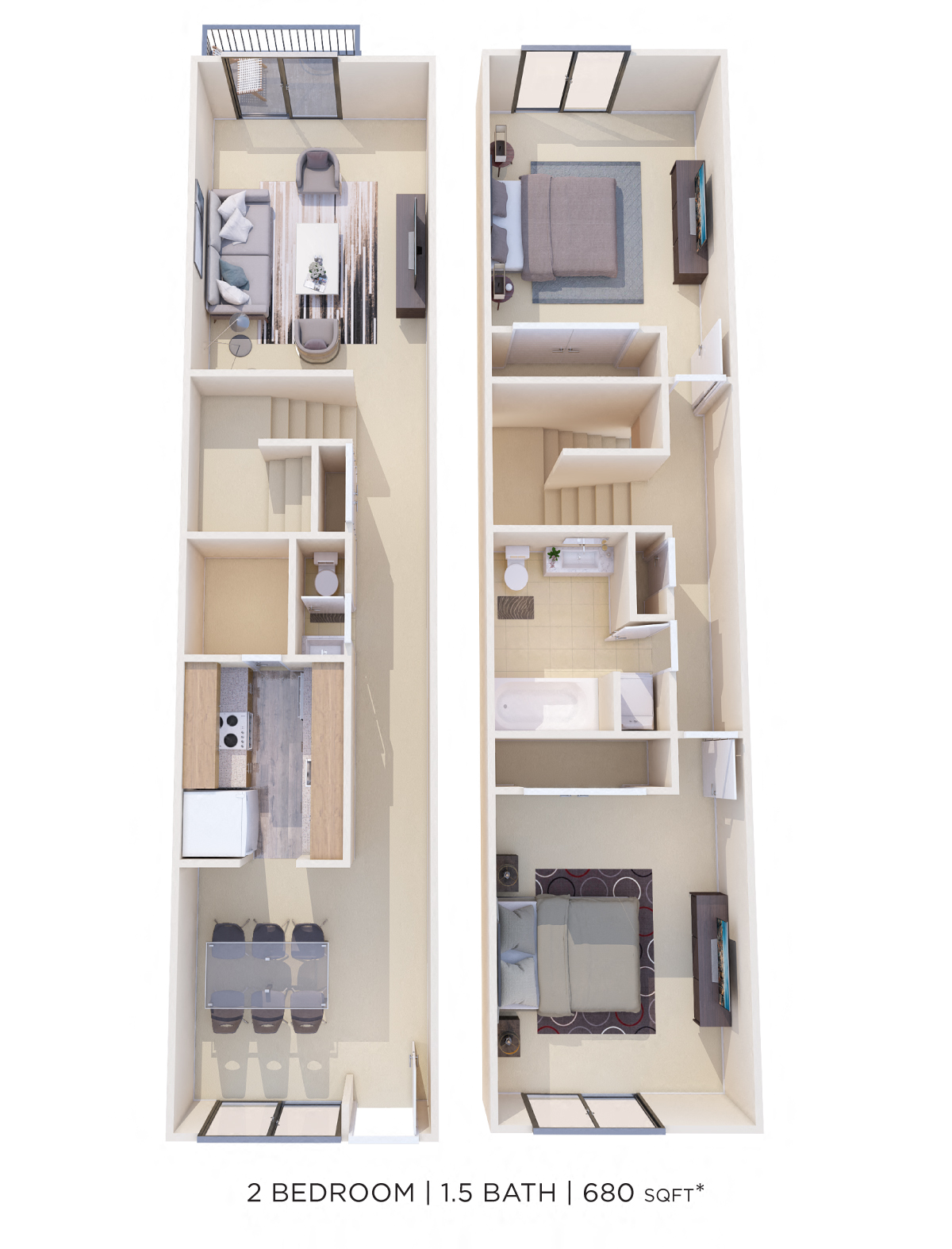Two Bedroom 1.5 Bath Townhome - 980 sqft floor plan