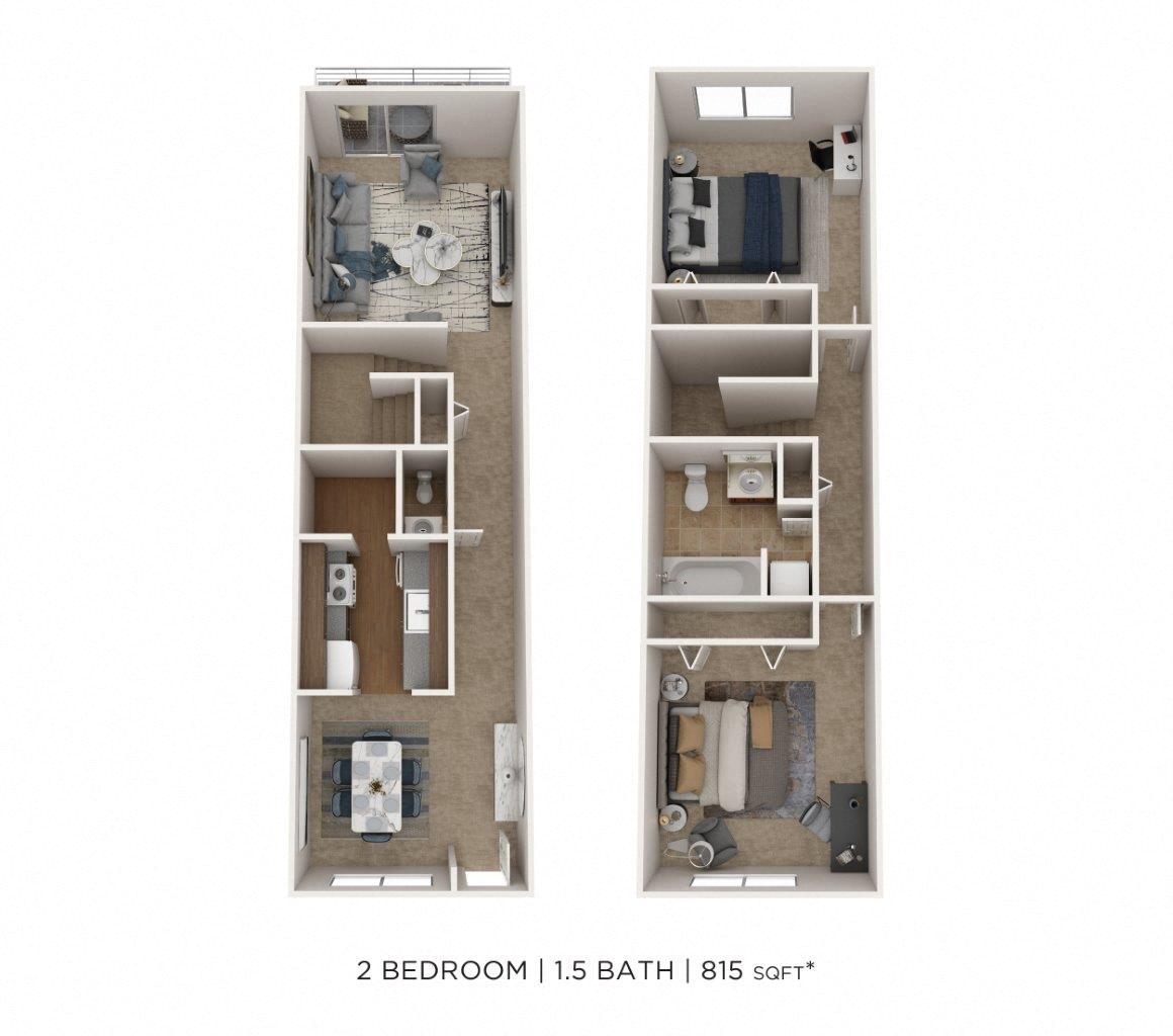 Two Bedroom 1.5 Bath Townhome - 815 sqft floor plan