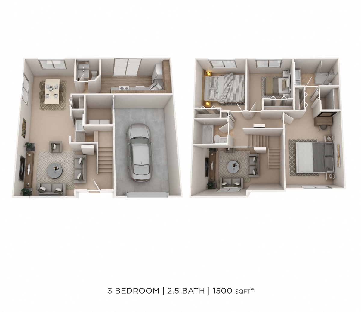 Three Bedroom 2.5 Bath Townhome - 1,500 sqft floor plan
