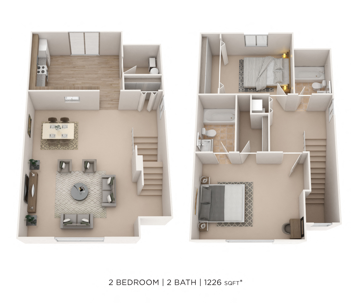Two Bedroom 2 Bath Townhome - 1,226 sqft floor plan