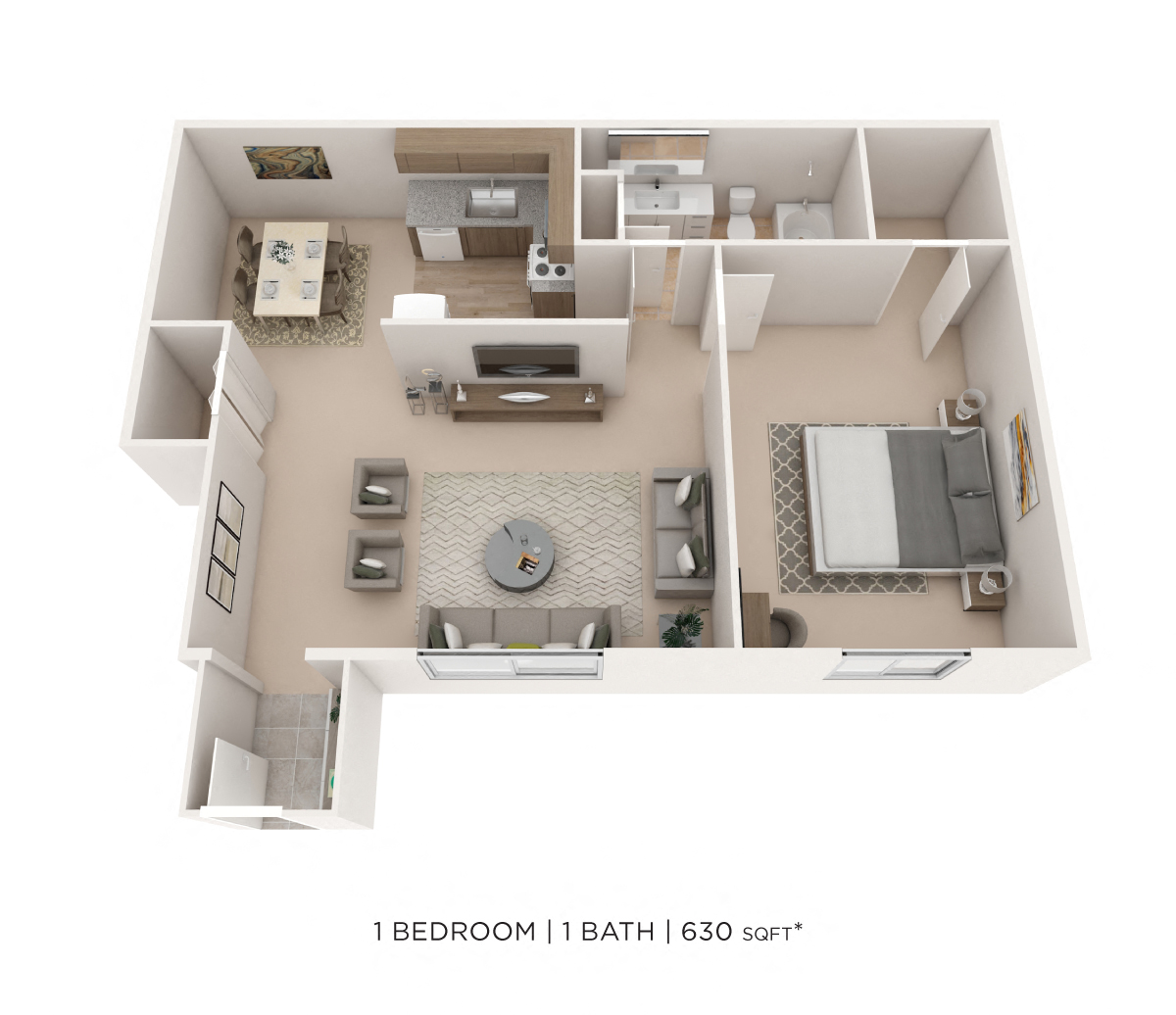 One Bedroom - 630 sqft floor plan
