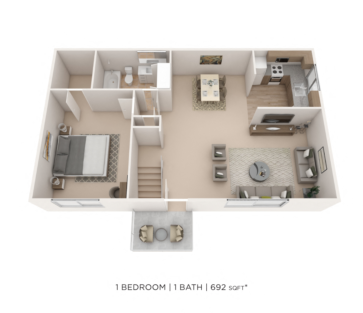 One Bedroom - 692 sqft floor plan