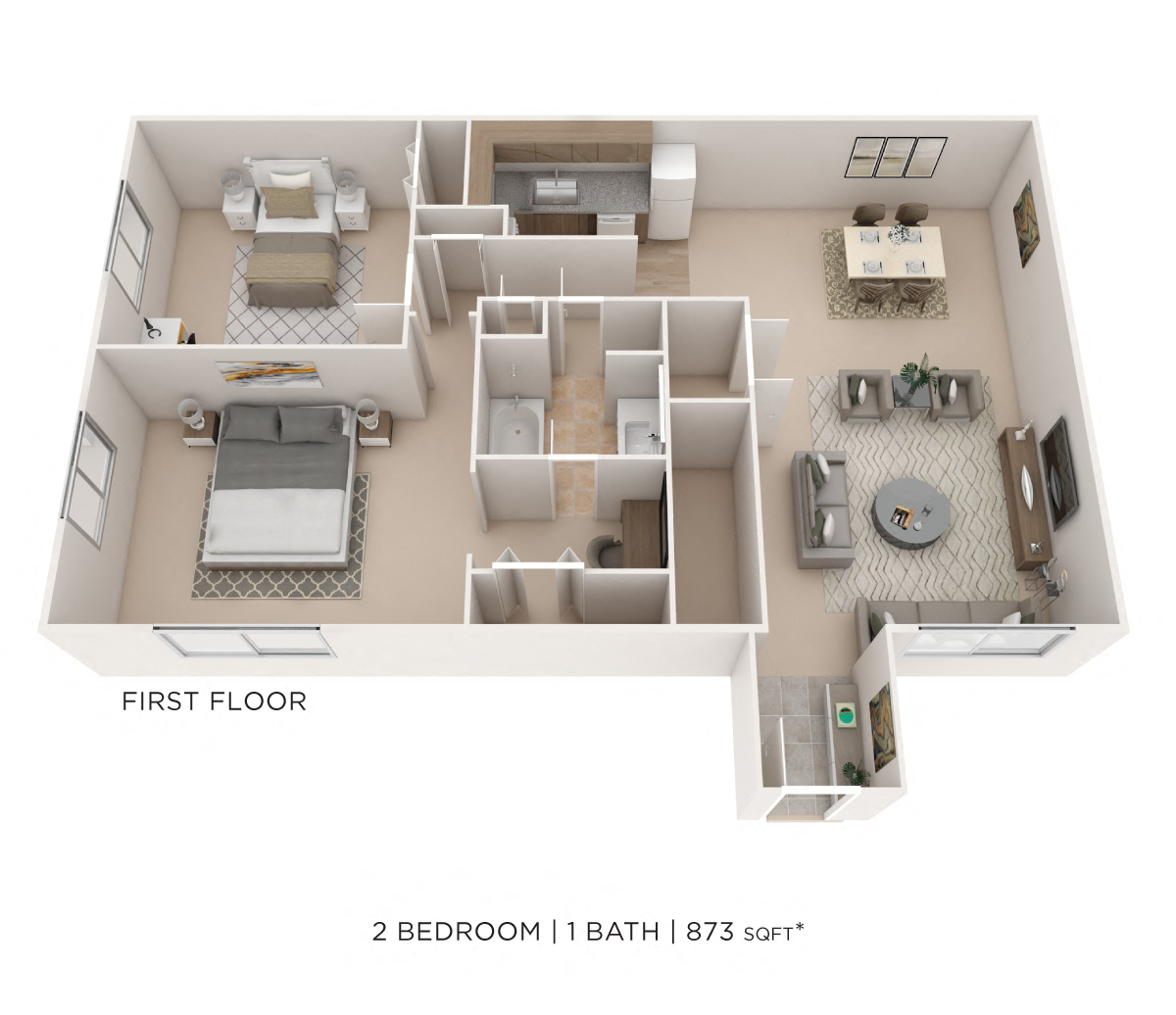 Two Bedroom- 873 sqft floor plan