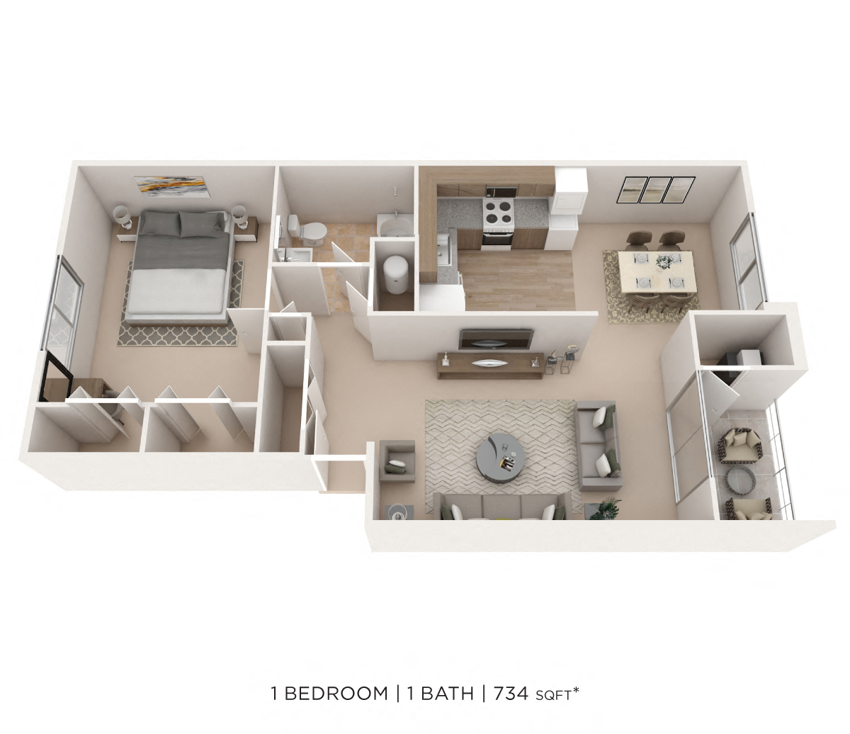 One Bedroom - 734 sqft floor plan