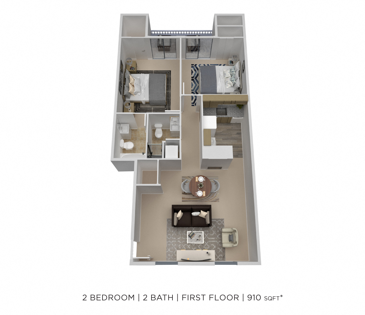 Two Bedroom 2 Bath - 910 sqft floor plan