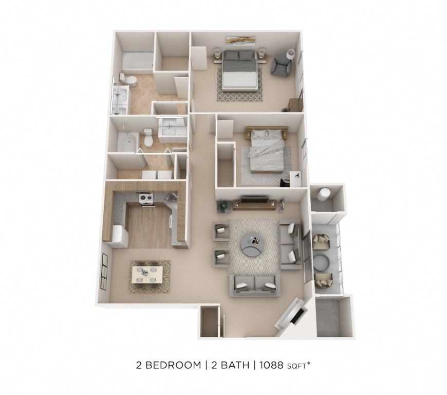 Two Bedroom 2 Bath - 1,088 sqft floor plan