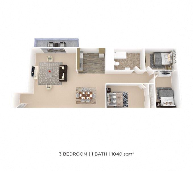 Three Bedroom - 1,040 sqft floor plan