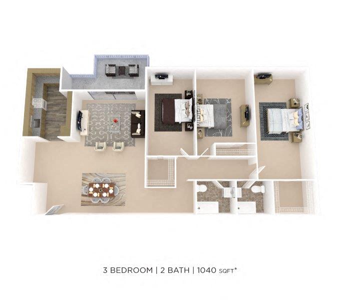 Three Bedroom 2 Bath - 1,250 sqft floor plan