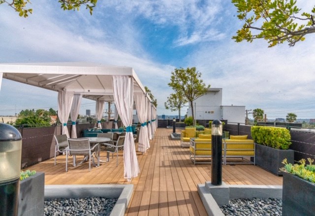 Rooftop cabanas and seating areas