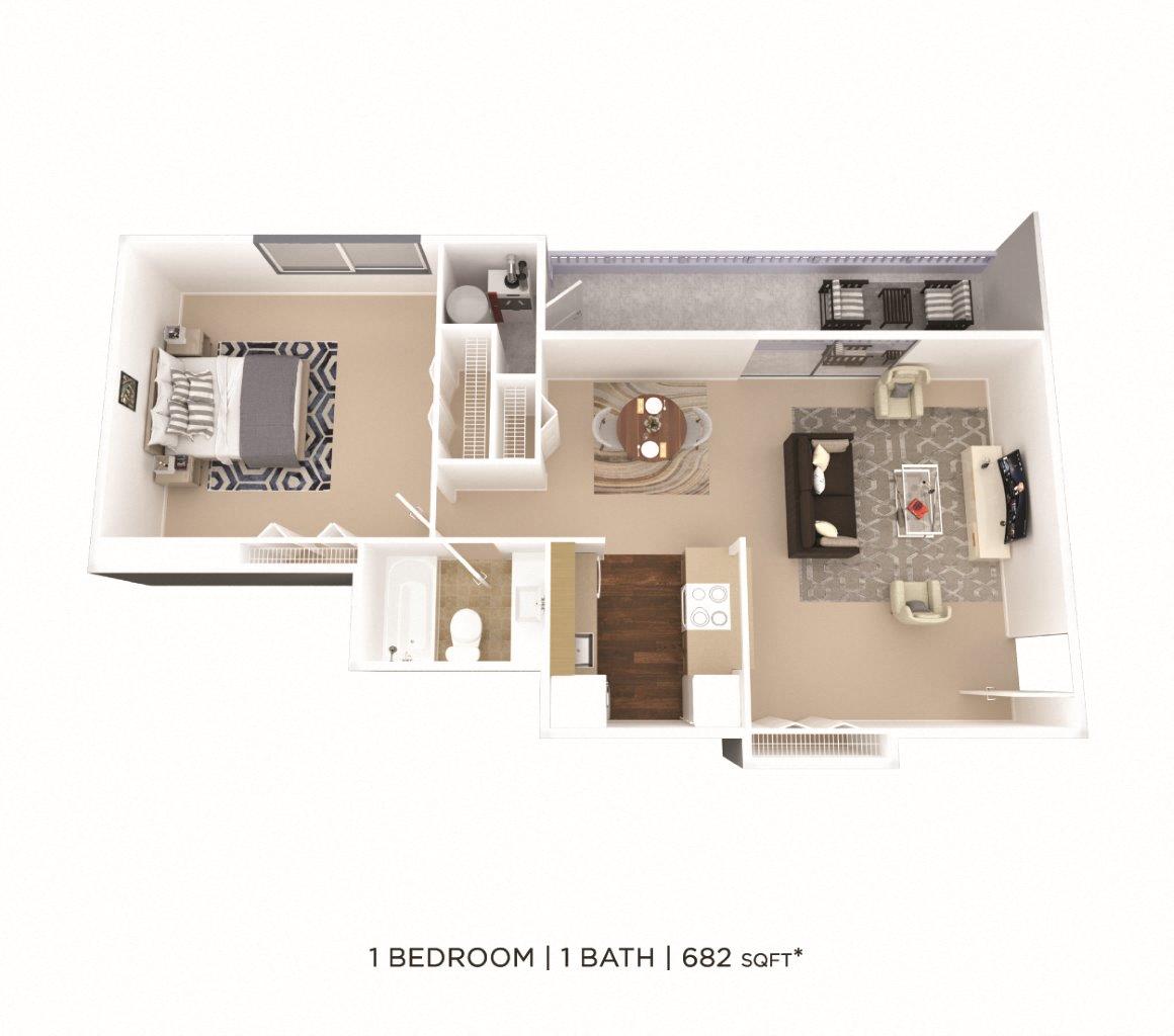 One Bedroom - 682 sqft floor plan