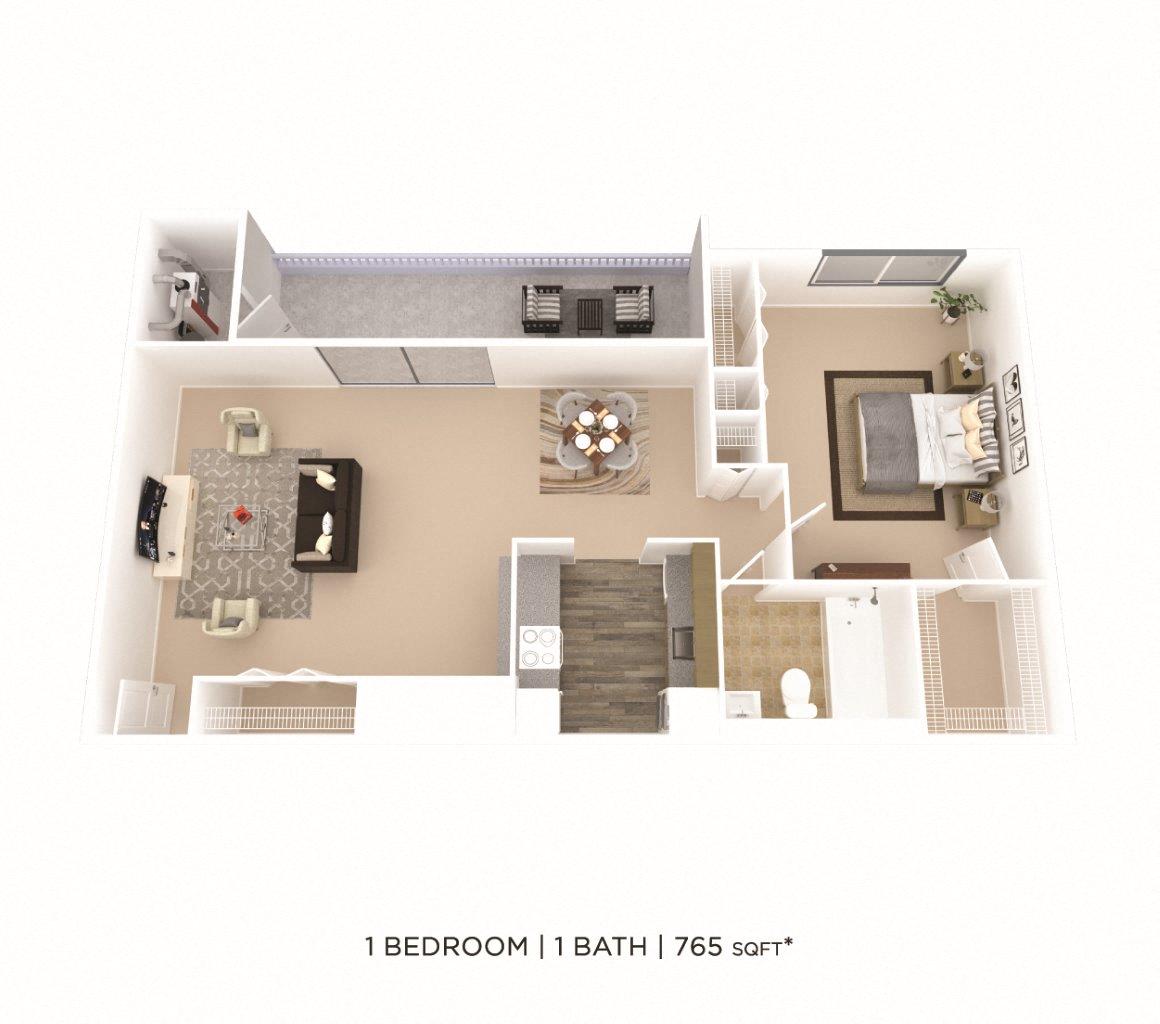 One Bedroom - 765 sqft floor plan