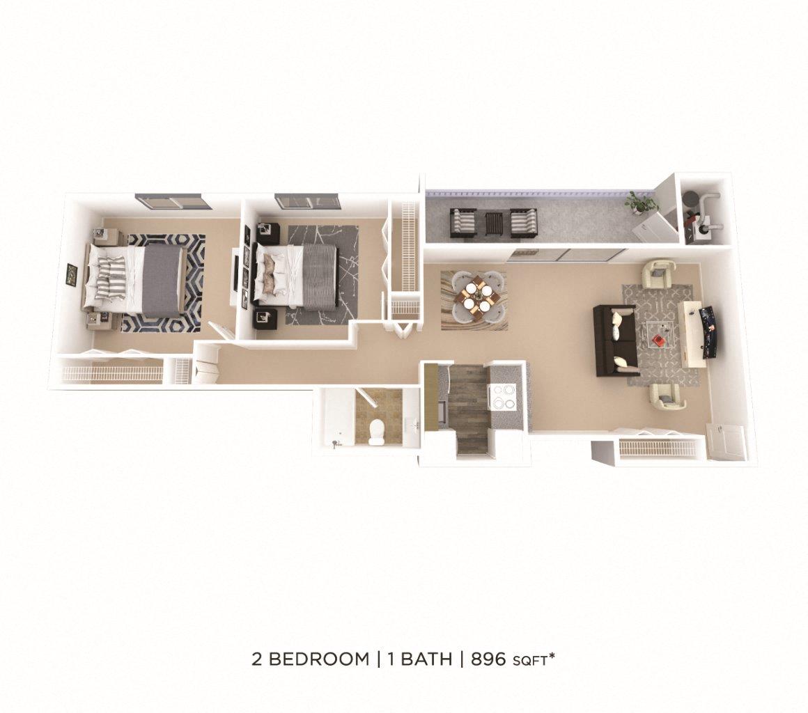 Two Bedroom - 896 sqft floor plan
