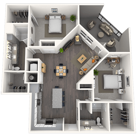 B2 2x2 1290 SF floor plan