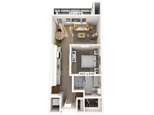 2S1 1x1 607 SF-FP floor plan
