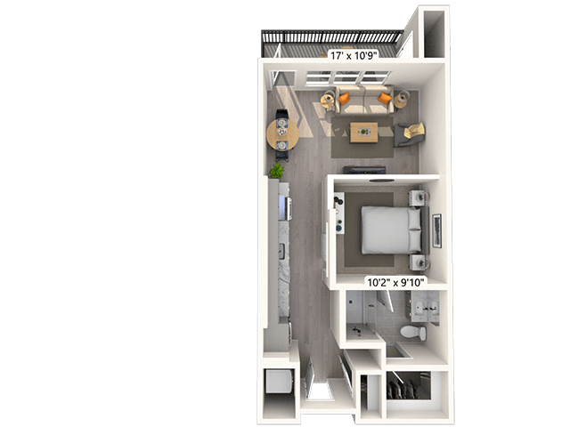 S1 1x1 607 SF floor plan