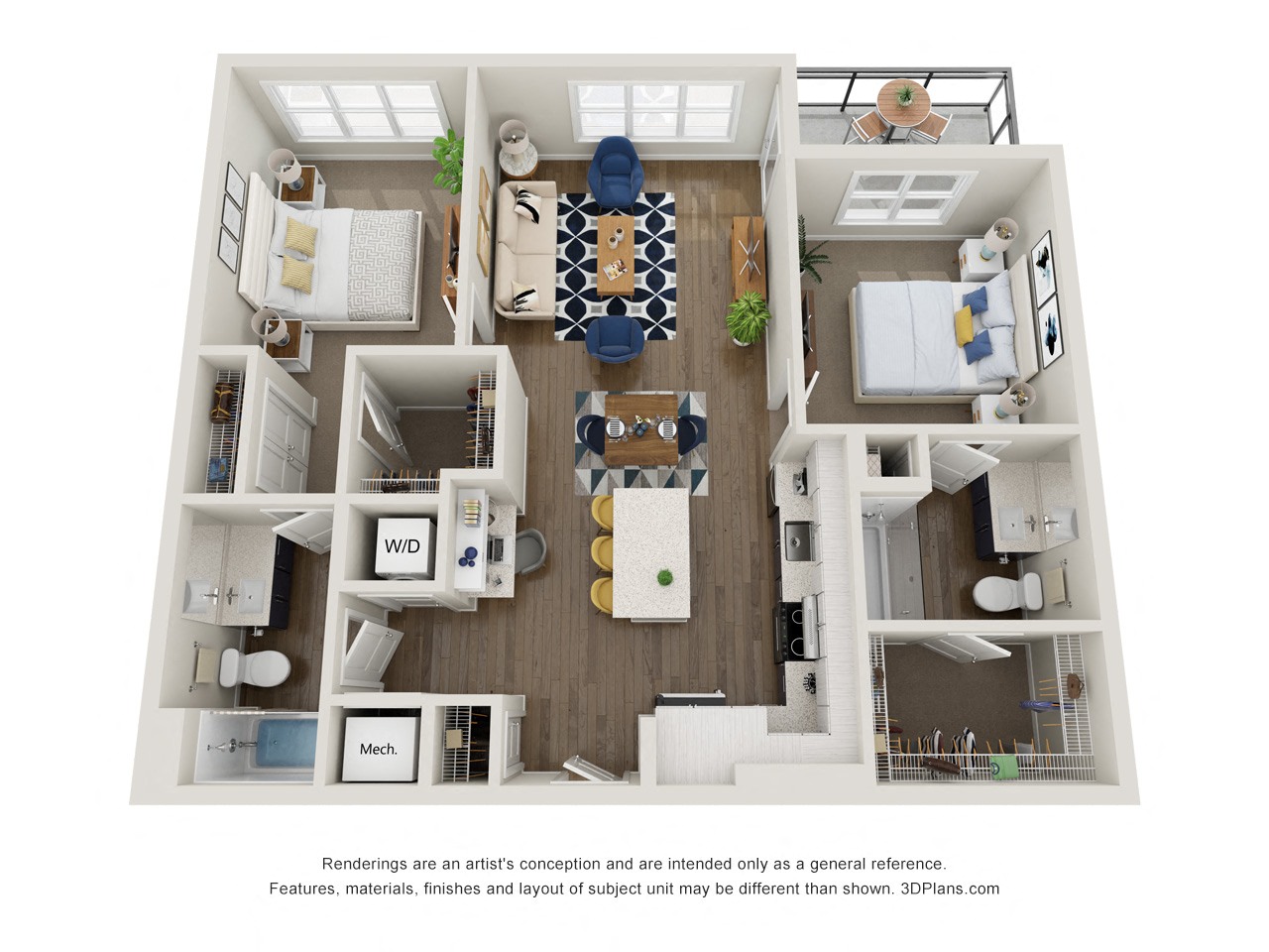 B3.3 2x2 1081 SF floor plan