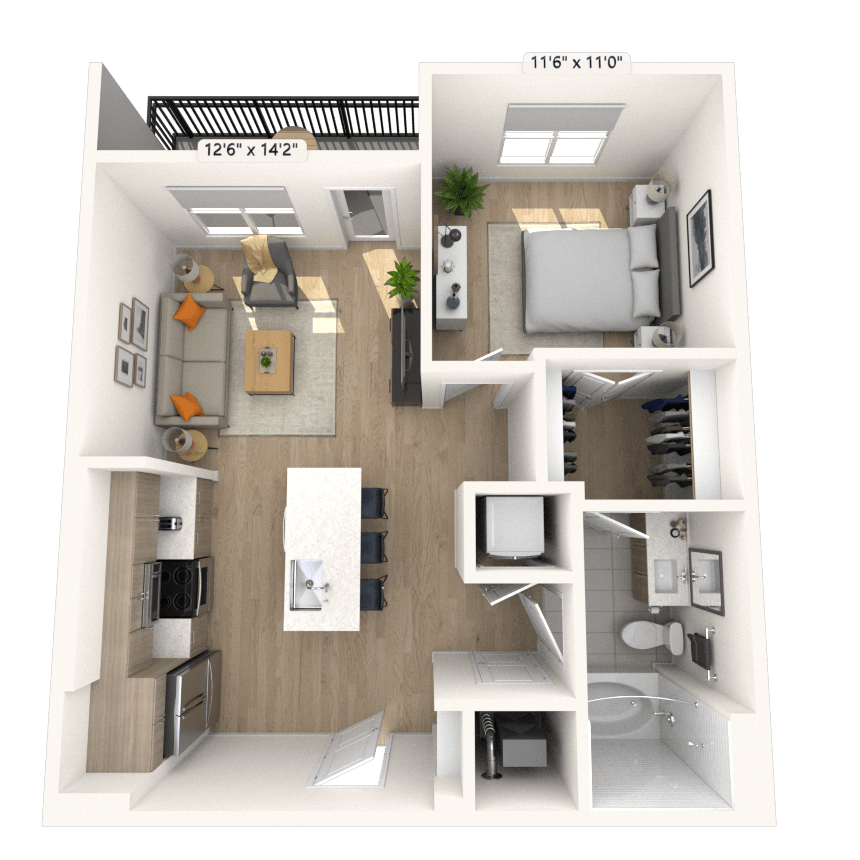 A1 1x1 669 SF floor plan