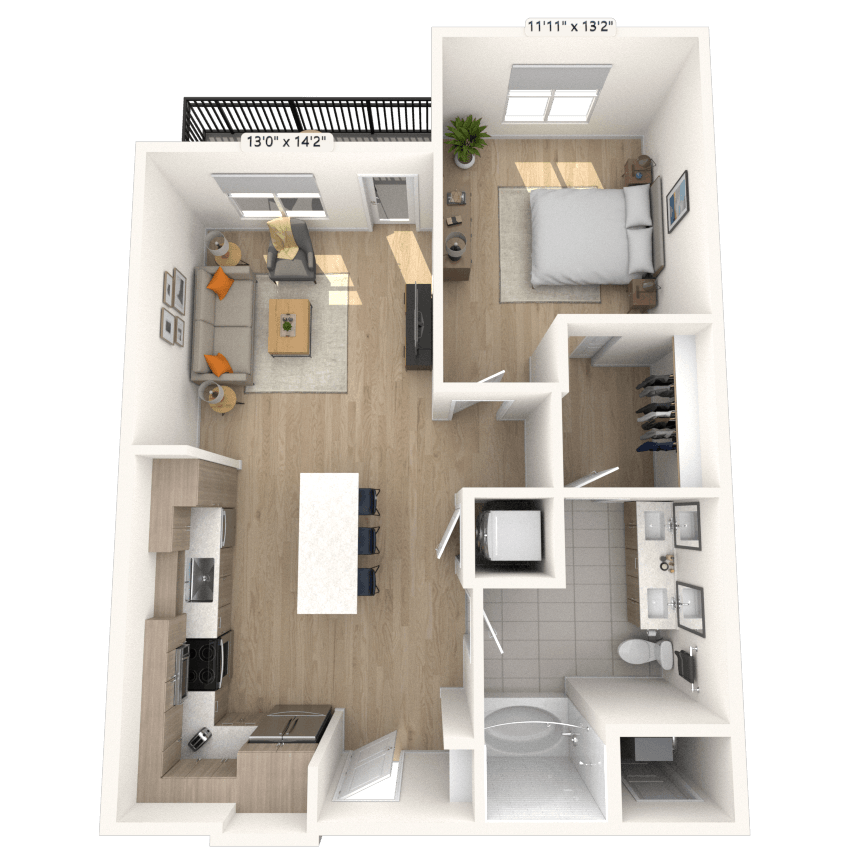 A3 1x1 744 SF floor plan