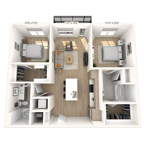 B1 2x2 1058 SF floor plan