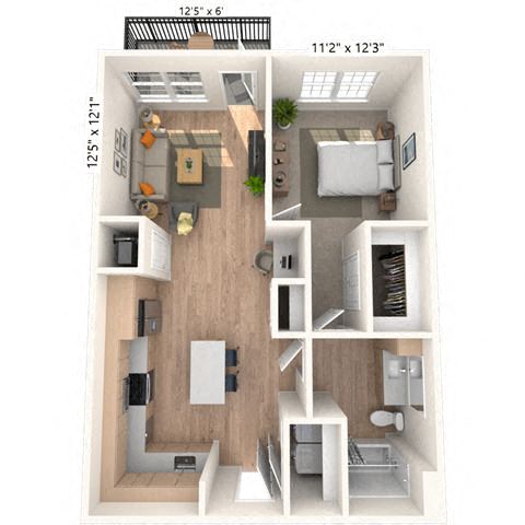 A2 1x1 760 SF floor plan