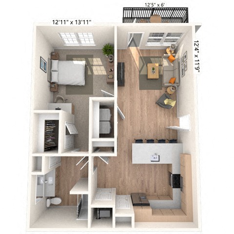 A6 1x1 837 SF floor plan