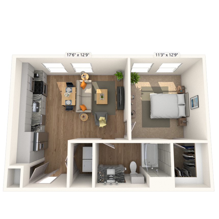 A1 1x1 615 SF floor plan