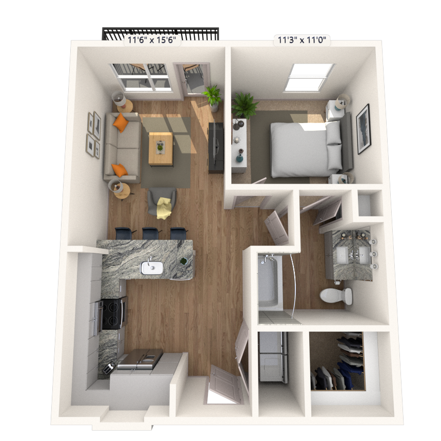 A2 1x1 674 SF floor plan