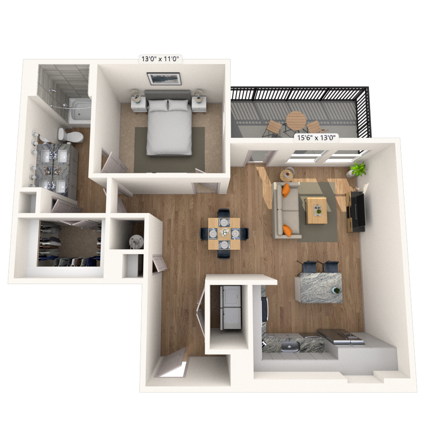 A6 1x1 902 SF floor plan