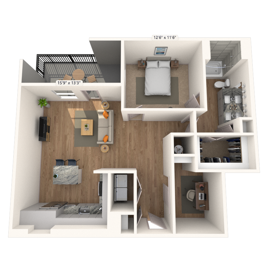 A7 1x1 996 SF floor plan