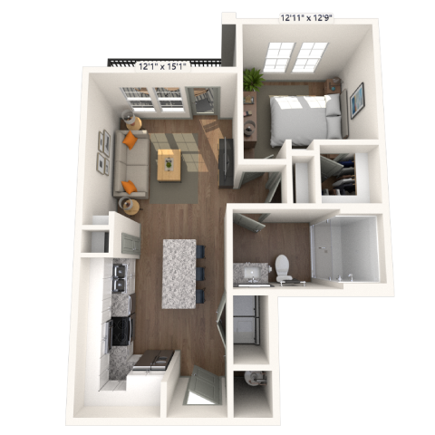 A1 1x1 728 SF floor plan