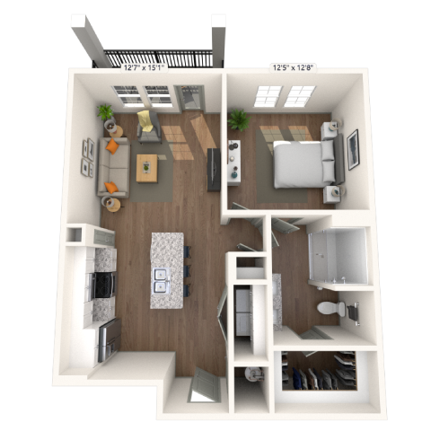 A2 1x1 730 SF floor plan