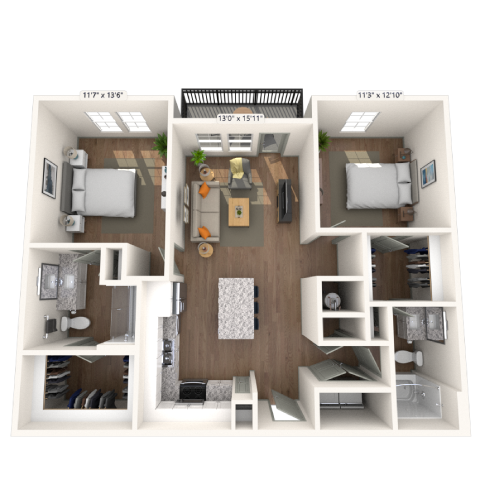B1 2x2 1070 SF floor plan
