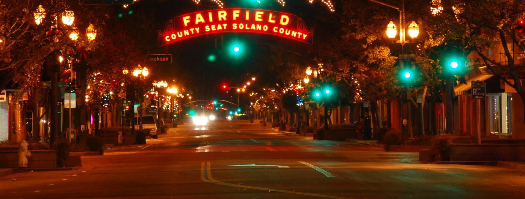 Nighttime photo of downtown Fairfiled