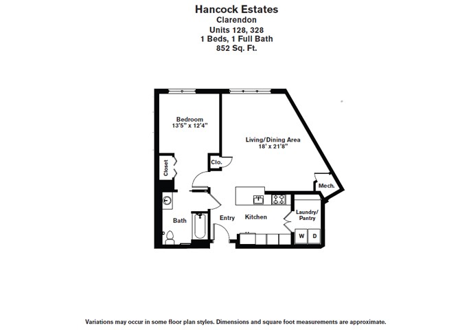 Floor plan 1 Bed/1 Bath - Hancock Estates image 2