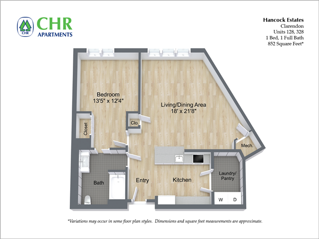 Click to view 1 Bed/1 Bath - Hancock Estates floor plan gallery