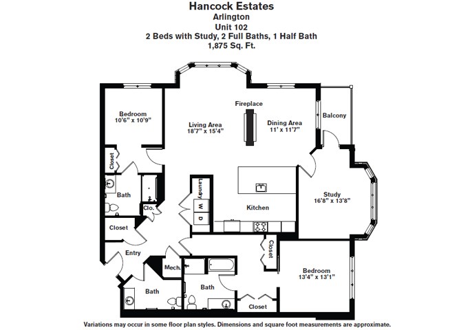 Floor plan 2 Bed/2.5 Bath with Den - Hancock Estates image 3