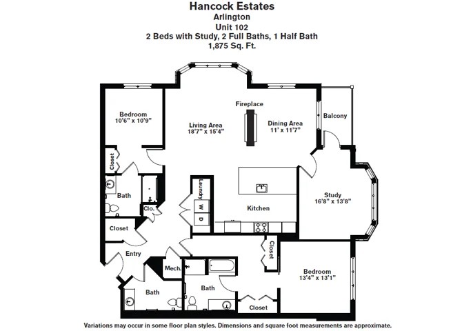 Floor plan 2 Bed/2.5 Bath with Den - Hancock Estates image 7