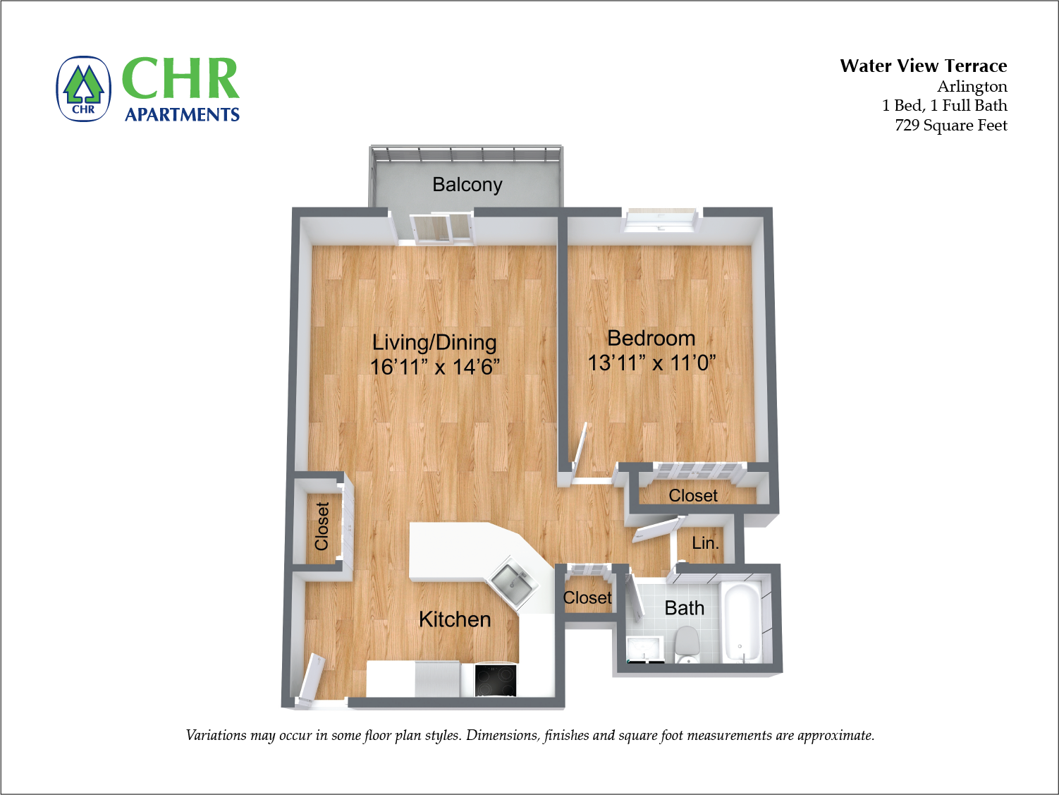 Click to view Floor plan 1 Bed/1 Bath with Balcony and A/C image 3
